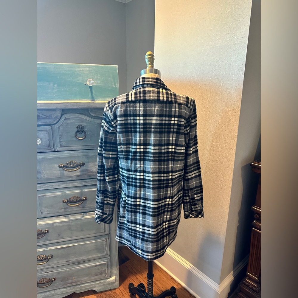 L.L.Bean  Chamois Tunic Plaid Flannel Black Gray Cream - Picture 2 of 6